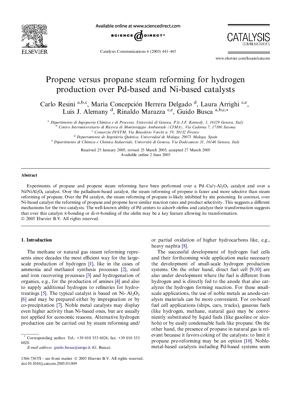 Propene versus propane steam reforming for hydrogen production over Pd-based and Ni-based catalysts