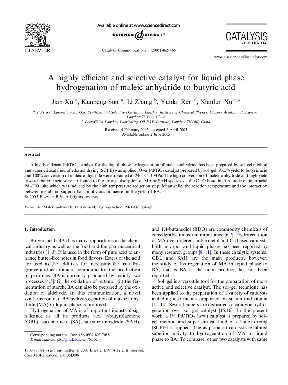 A highly efficient and selective catalyst for liquid phase hydrogenation of maleic anhydride to butyric acid