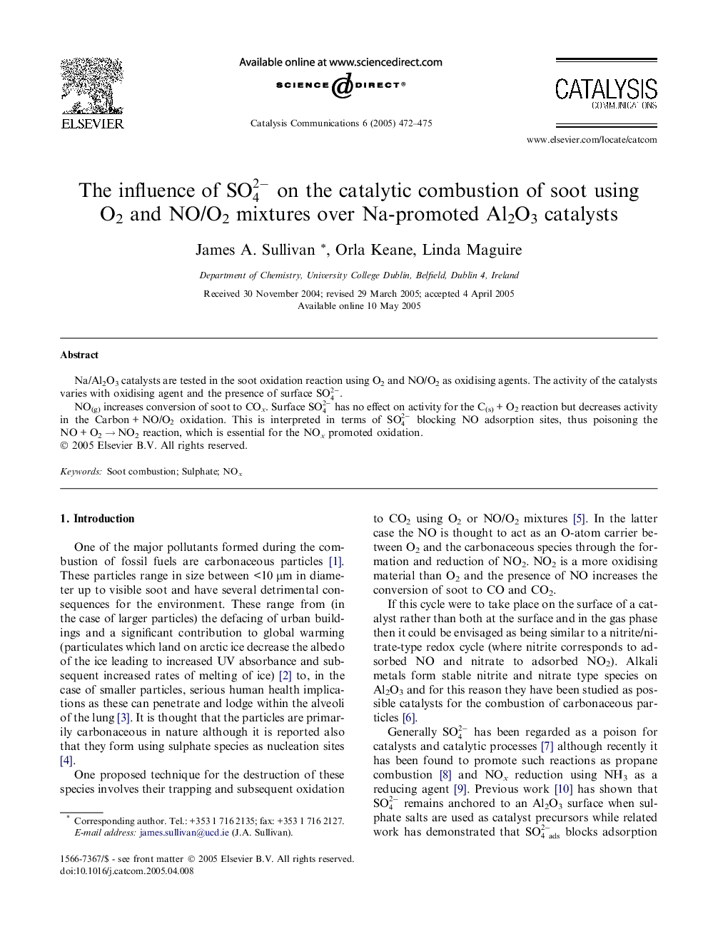 The influence of SO42- on the catalytic combustion of soot using O2 and NO/O2 mixtures over Na-promoted Al2O3 catalysts