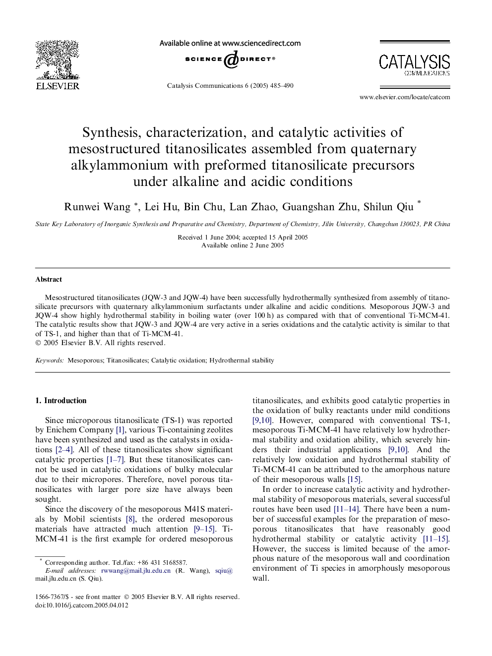 Synthesis, characterization, and catalytic activities of mesostructured titanosilicates assembled from quaternary alkylammonium with preformed titanosilicate precursors under alkaline and acidic conditions