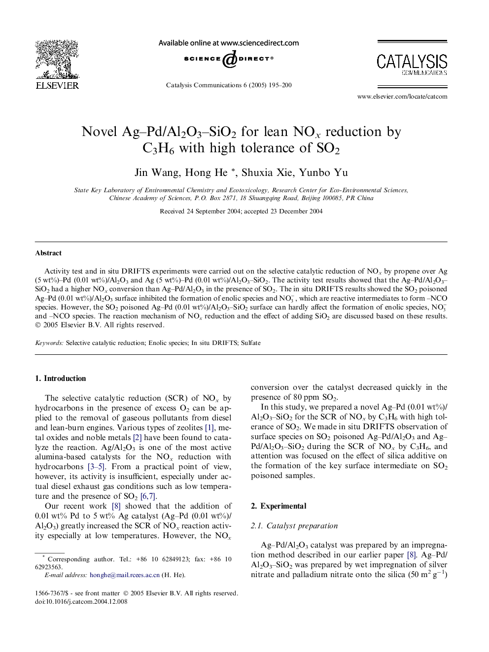 Novel Ag-Pd/Al2O3-SiO2 for lean NOx reduction by C3H6 with high tolerance of SO2