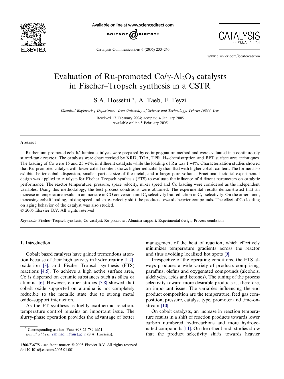 Evaluation of Ru-promoted Co/Î³-Al2O3 catalysts in Fischer-Tropsch synthesis in a CSTR