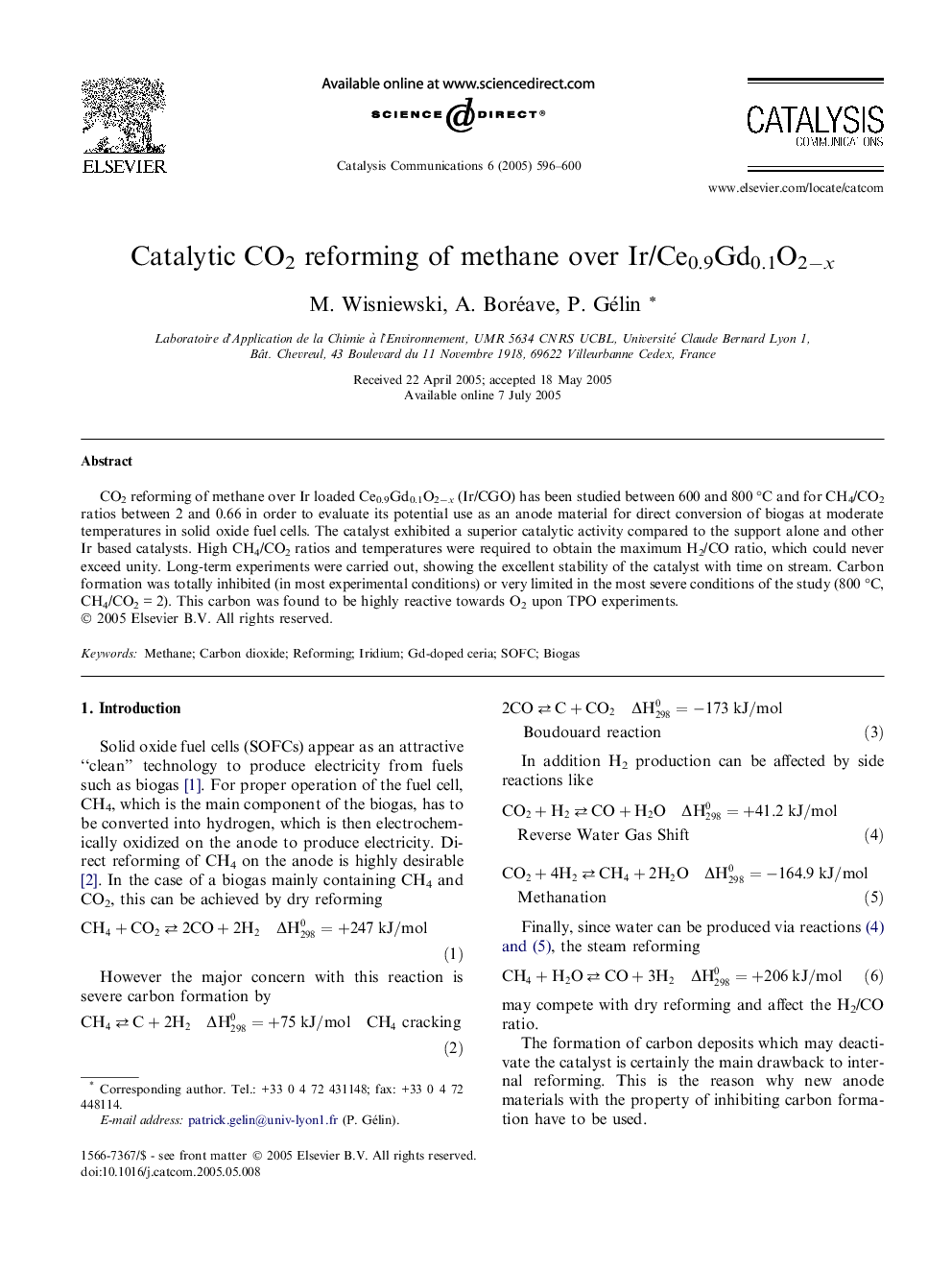 Catalytic CO2 reforming of methane over Ir/Ce0.9Gd0.1O2âx