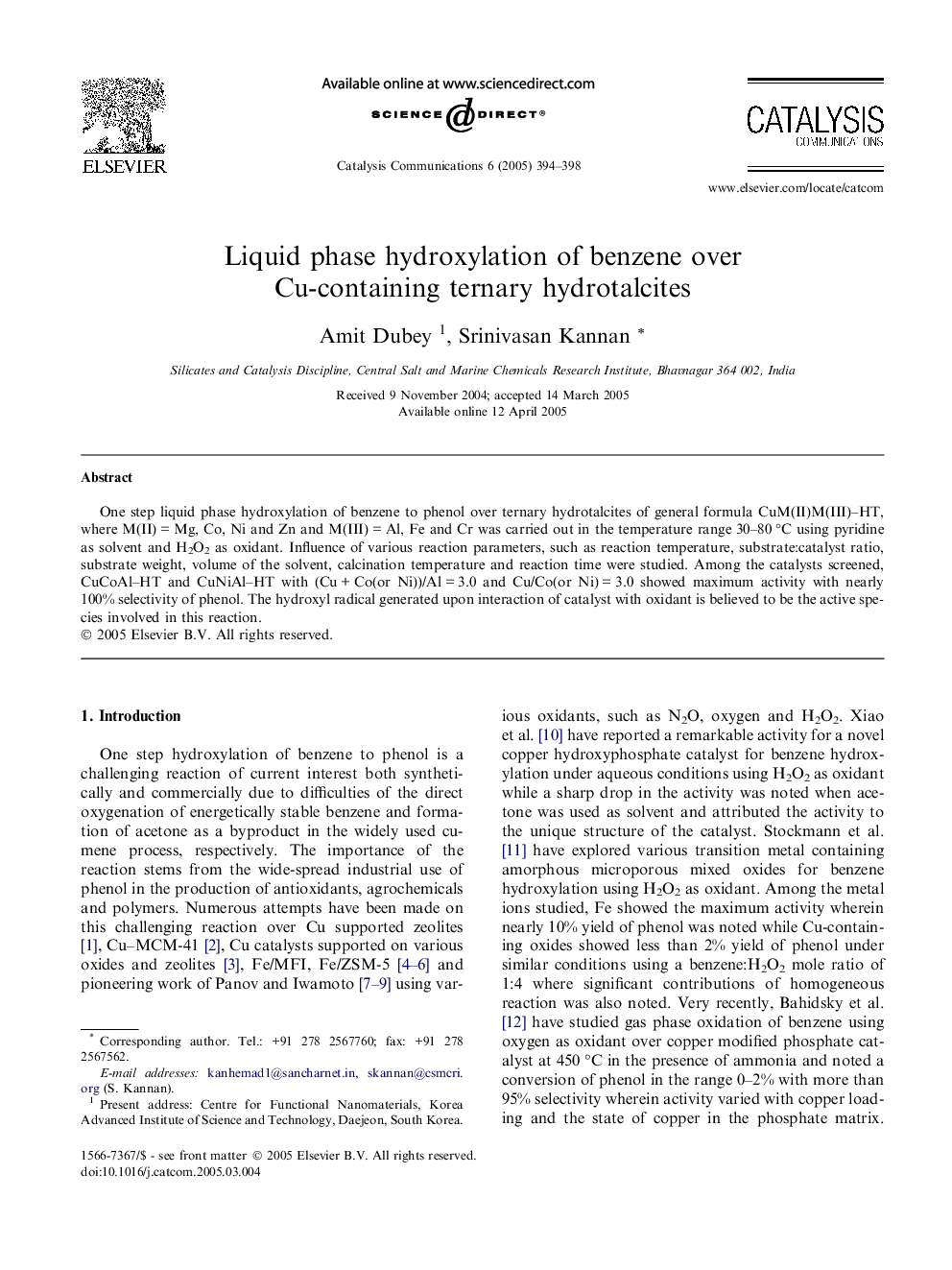 Liquid phase hydroxylation of benzene over Cu-containing ternary hydrotalcites