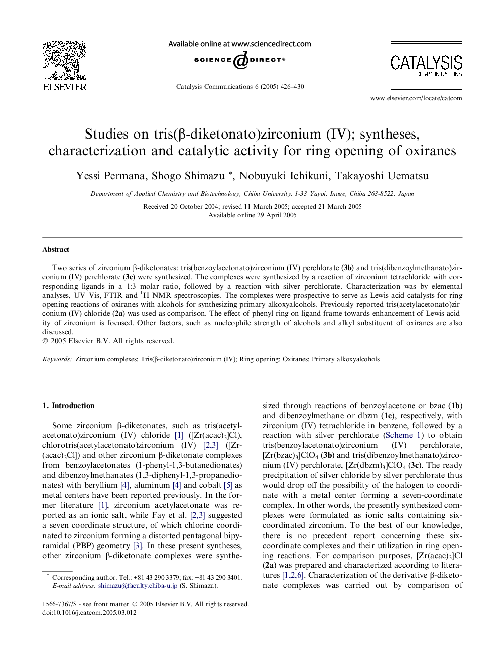 Studies on tris(Î²-diketonato)zirconium (IV); syntheses, characterization and catalytic activity for ring opening of oxiranes