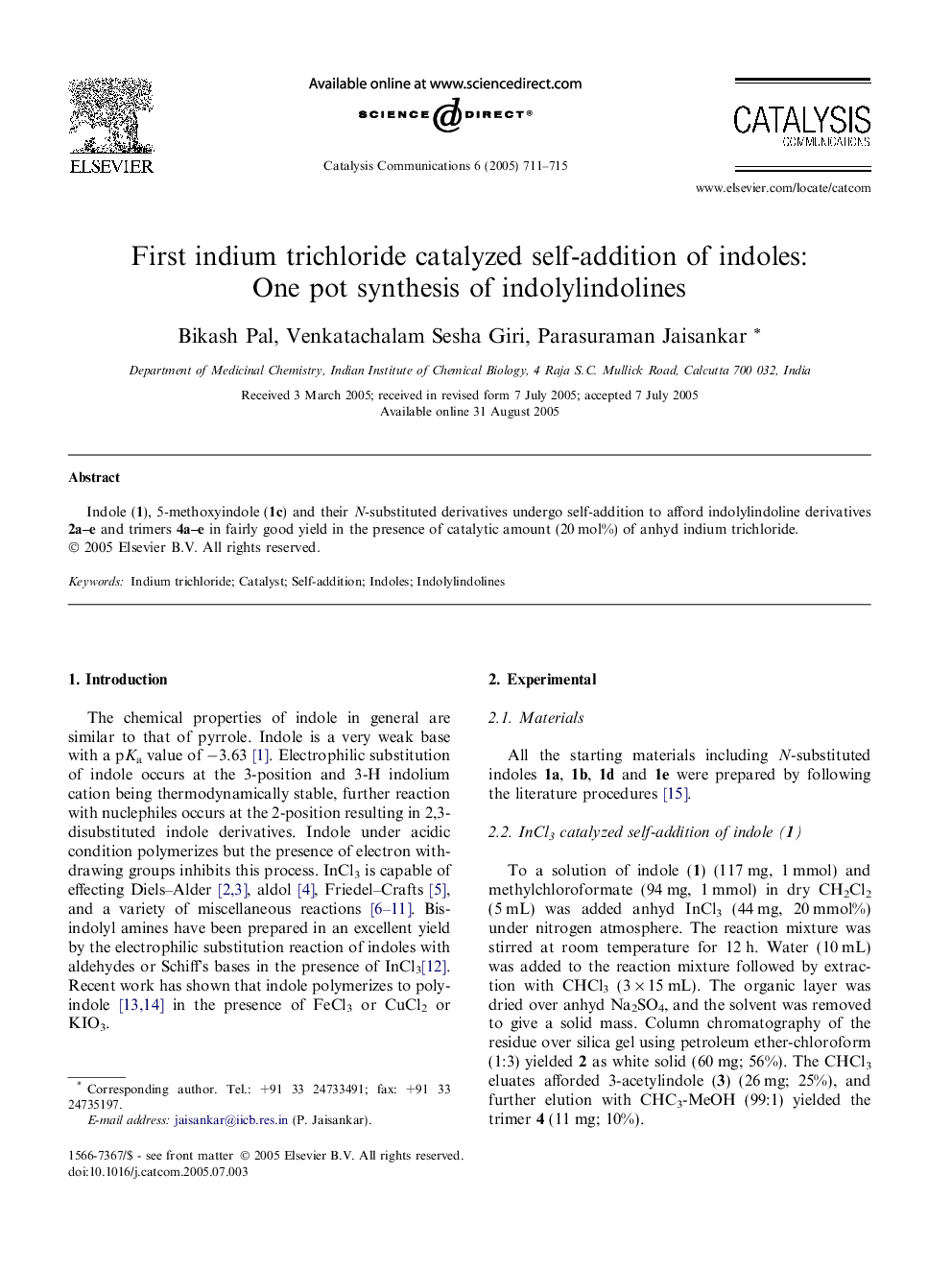 First indium trichloride catalyzed self-addition of indoles: One pot synthesis of indolylindolines