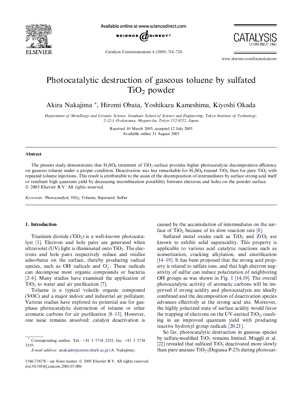 Photocatalytic destruction of gaseous toluene by sulfated TiO2 powder