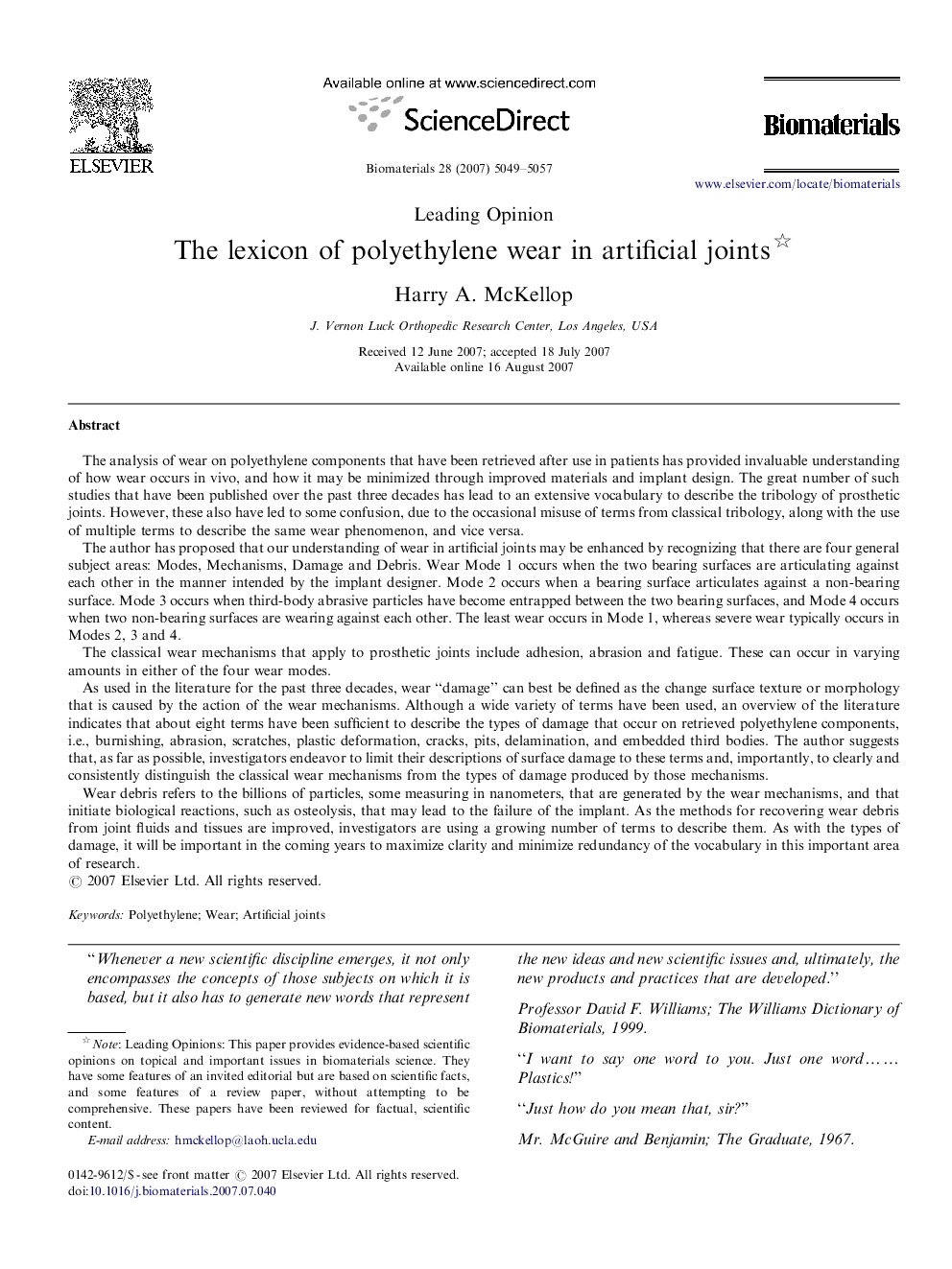 The lexicon of polyethylene wear in artificial joints 