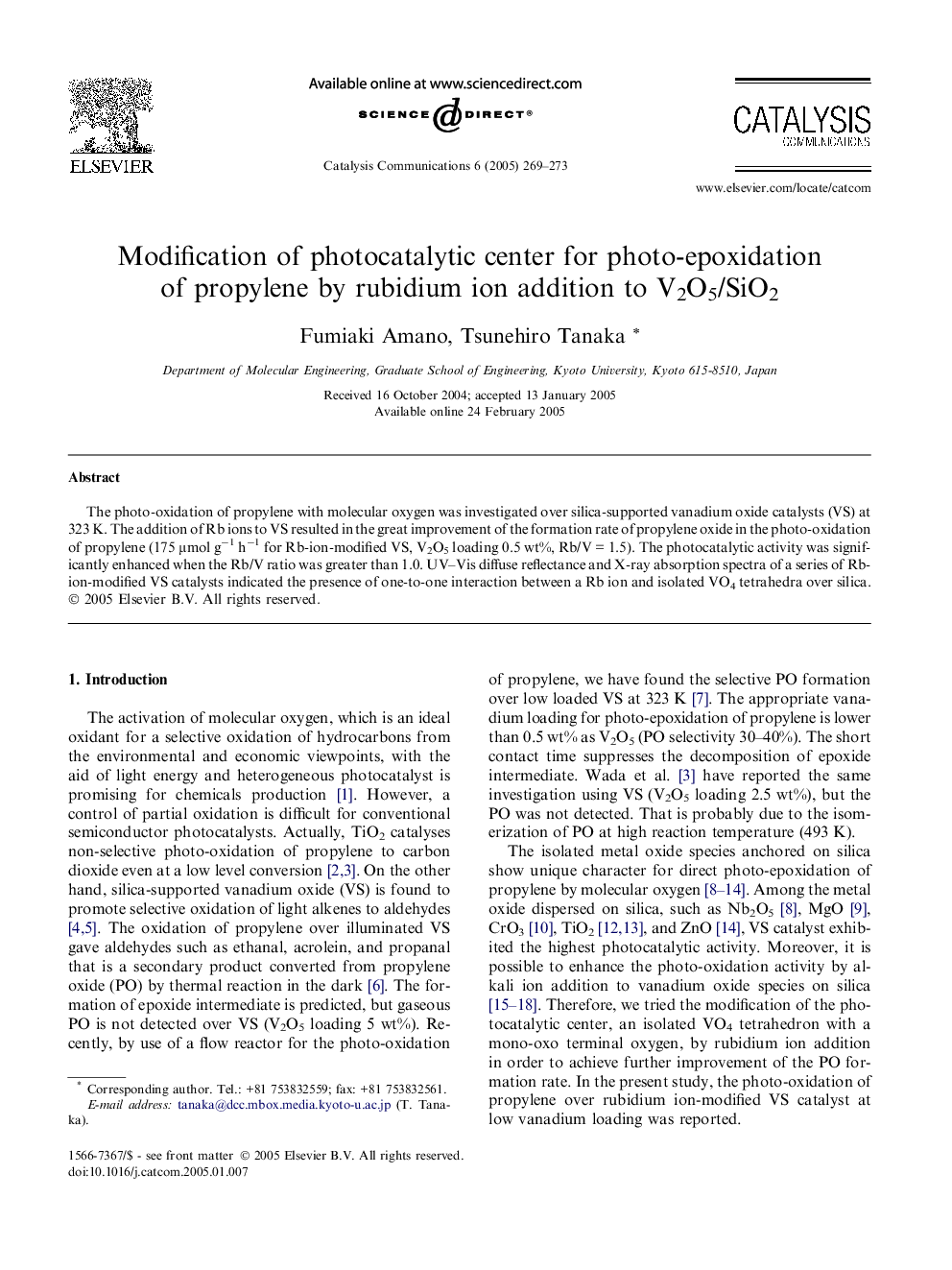 Modification of photocatalytic center for photo-epoxidation of propylene by rubidium ion addition to V2O5/SiO2