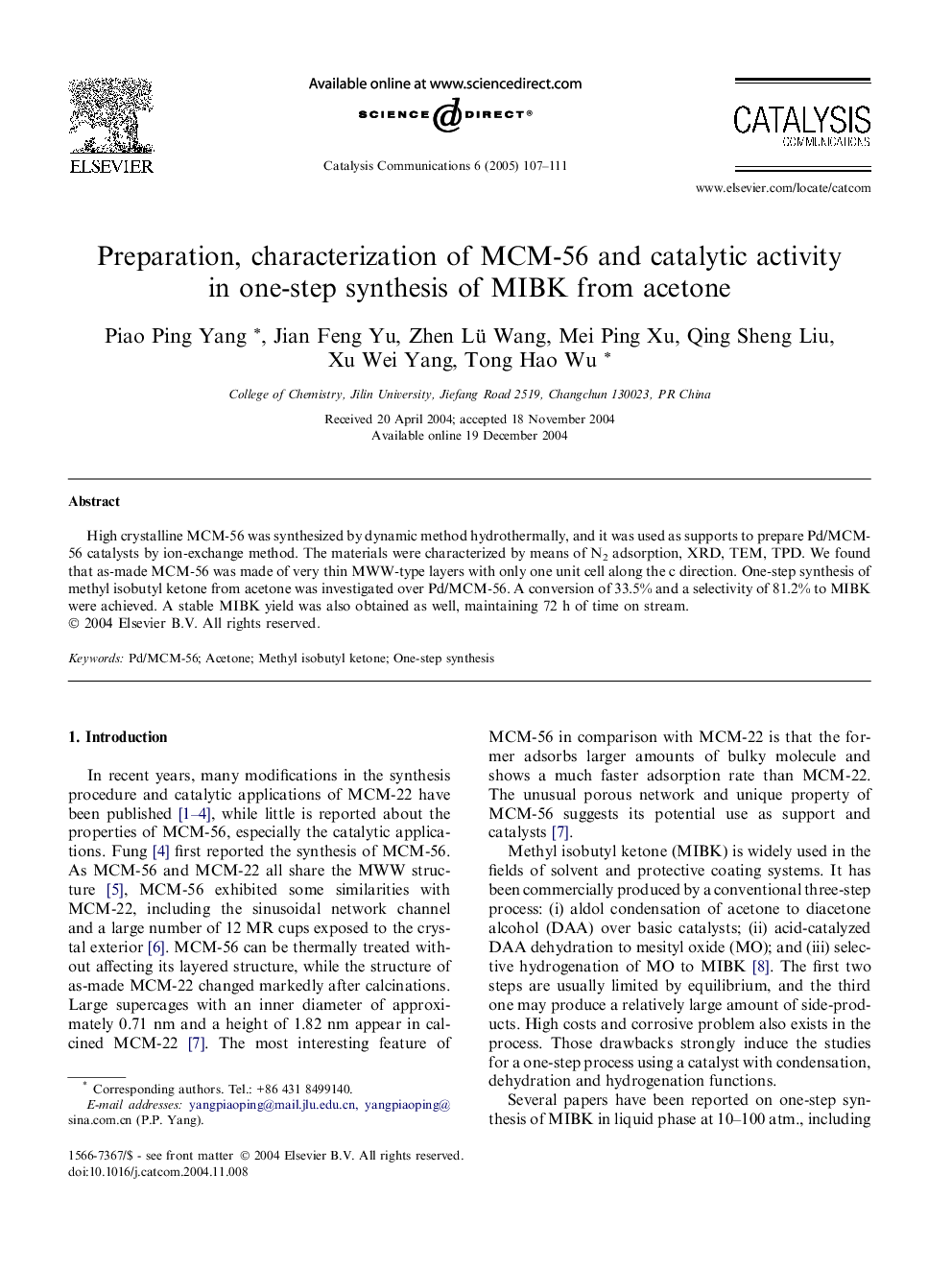 Preparation, characterization of MCM-56 and catalytic activity in one-step synthesis of MIBK from acetone