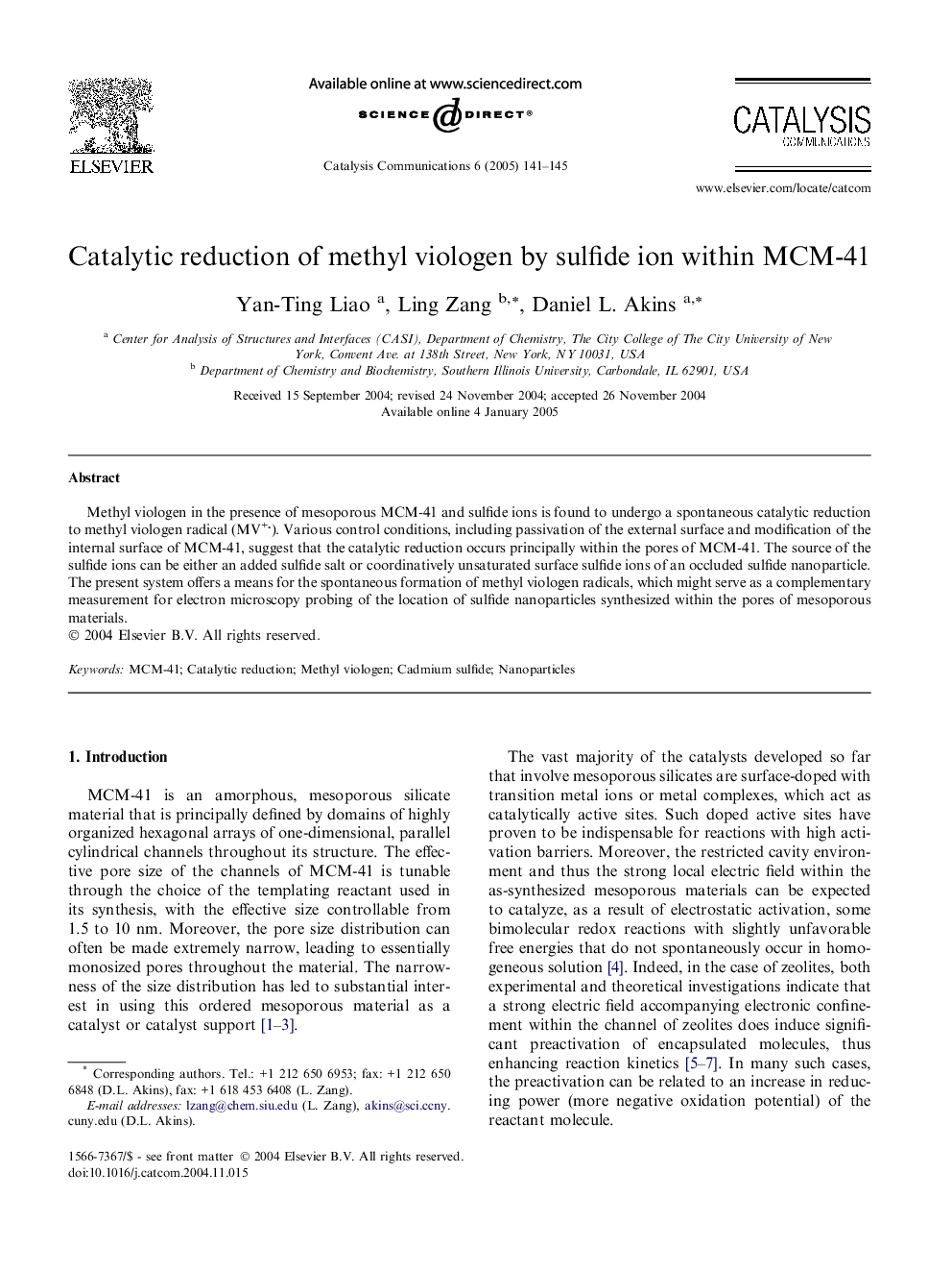 Catalytic reduction of methyl viologen by sulfide ion within MCM-41