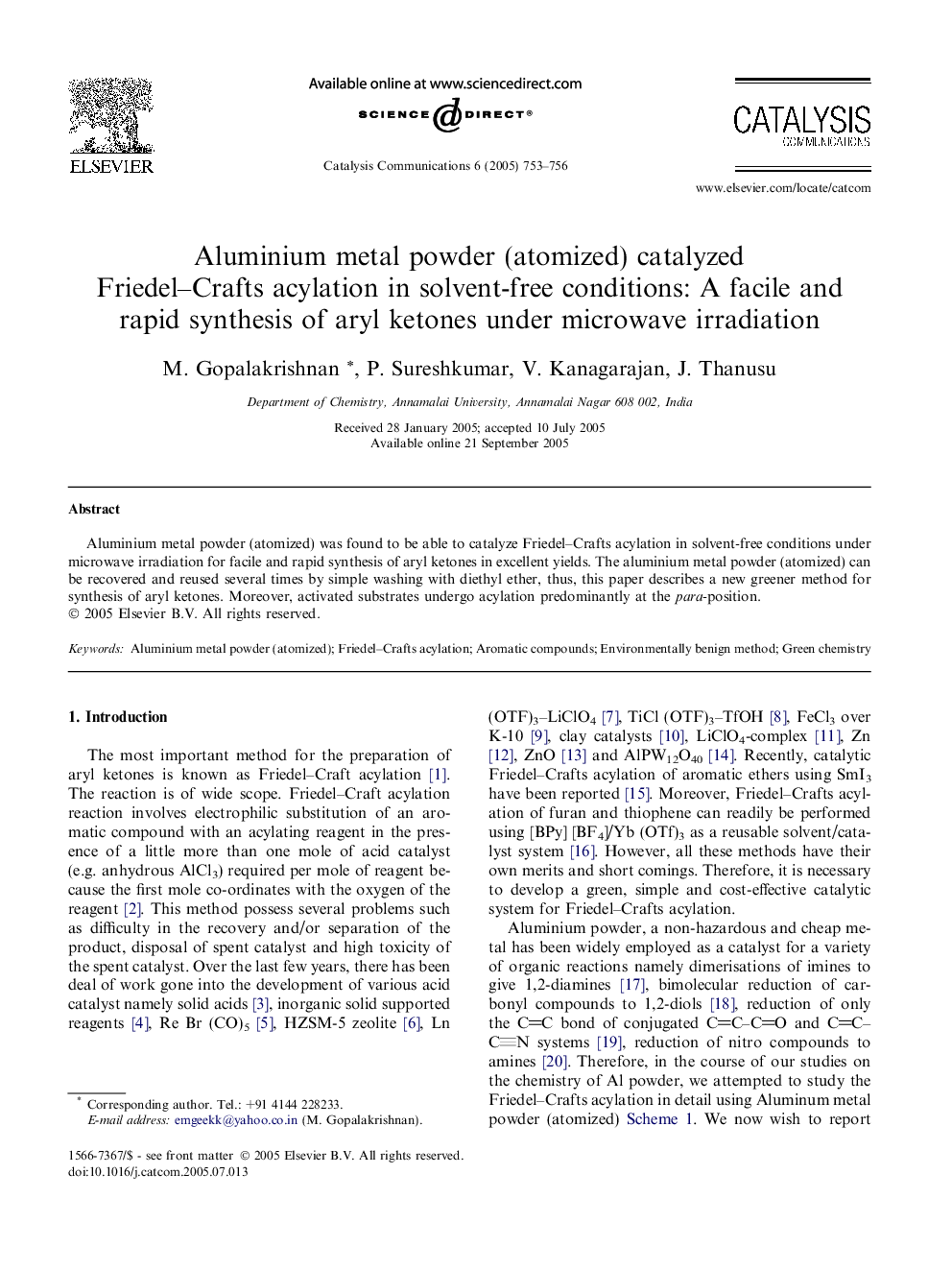 Aluminium metal powder (atomized) catalyzed Friedel-Crafts acylation in solvent-free conditions: A facile and rapid synthesis of aryl ketones under microwave irradiation