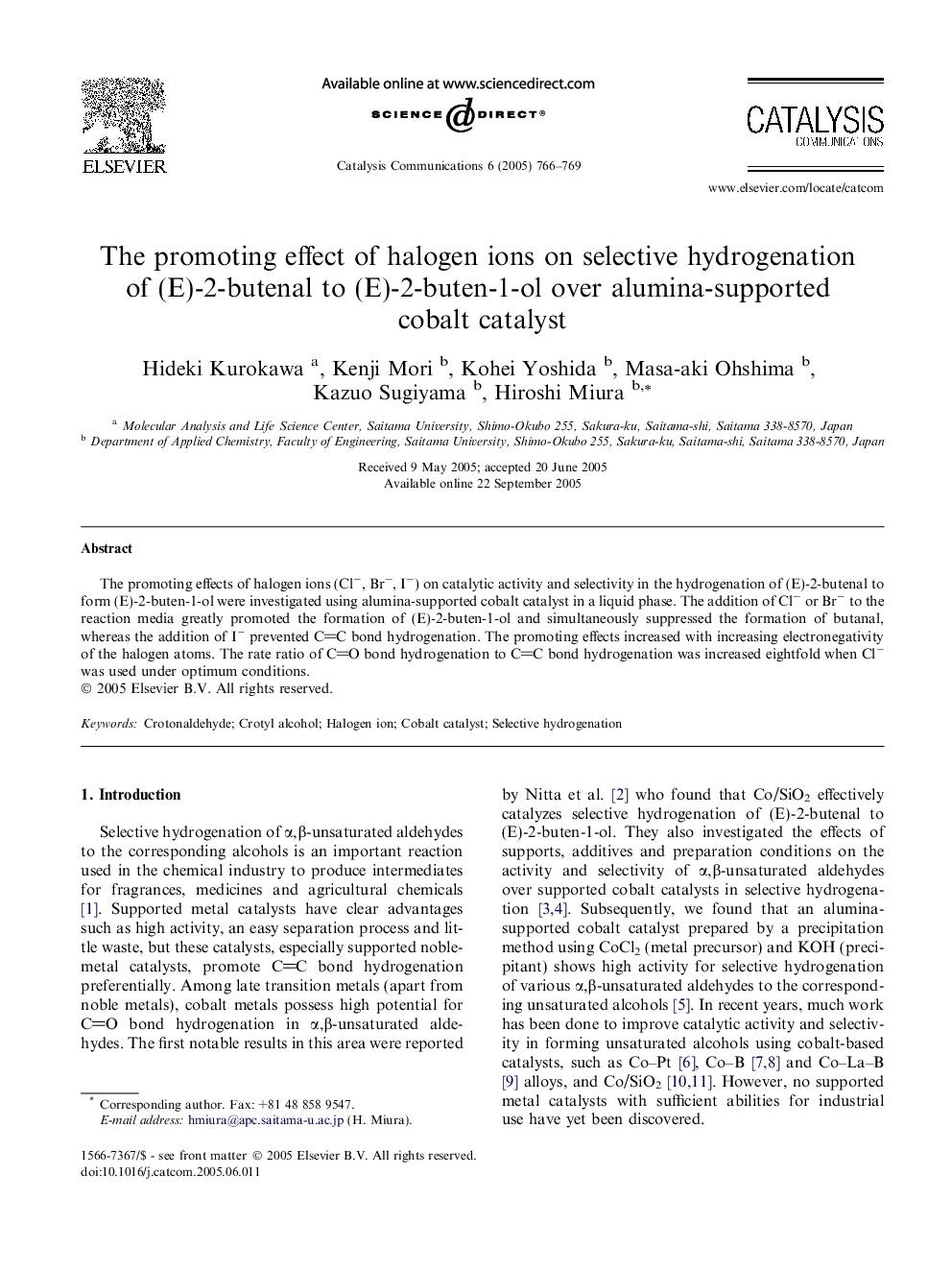 The promoting effect of halogen ions on selective hydrogenation of (E)-2-butenal to (E)-2-buten-1-ol over alumina-supported cobalt catalyst