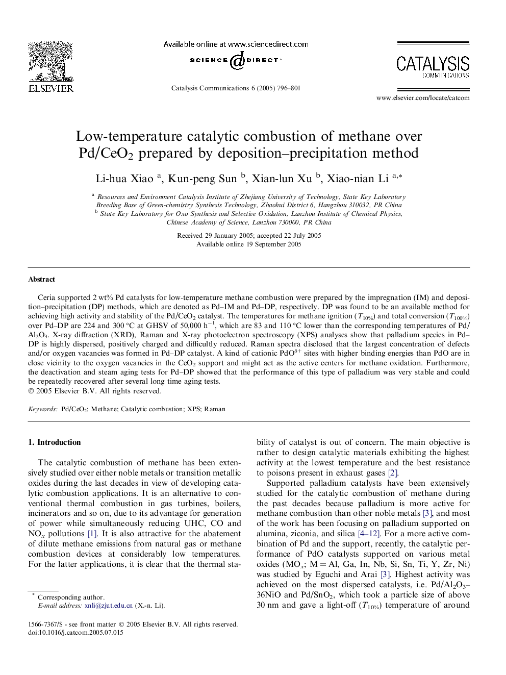 Low-temperature catalytic combustion of methane over Pd/CeO2 prepared by deposition-precipitation method