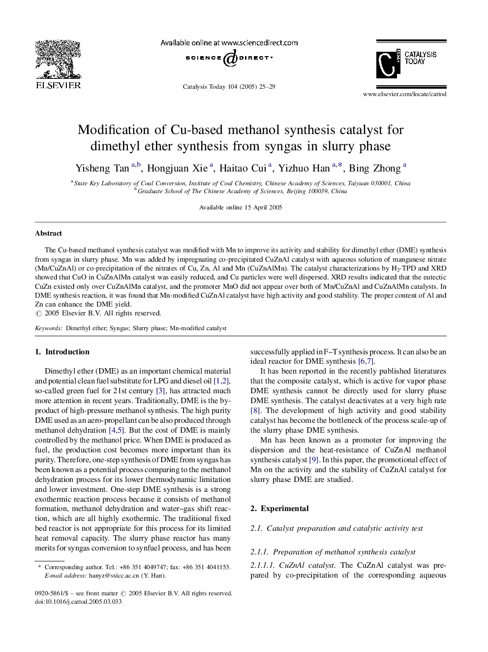 Modification of Cu-based methanol synthesis catalyst for dimethyl ether synthesis from syngas in slurry phase