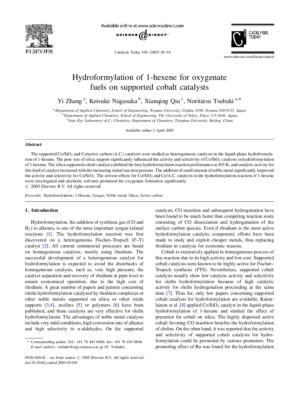 Hydroformylation of 1-hexene for oxygenate fuels on supported cobalt catalysts