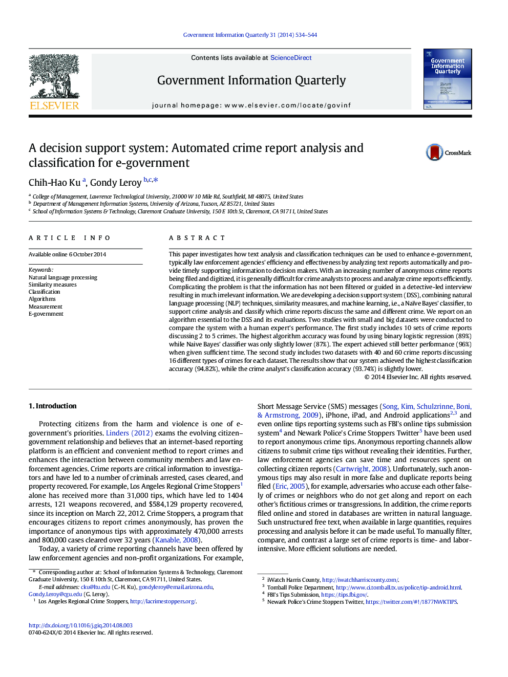 A decision support system: Automated crime report analysis and classification for e-government