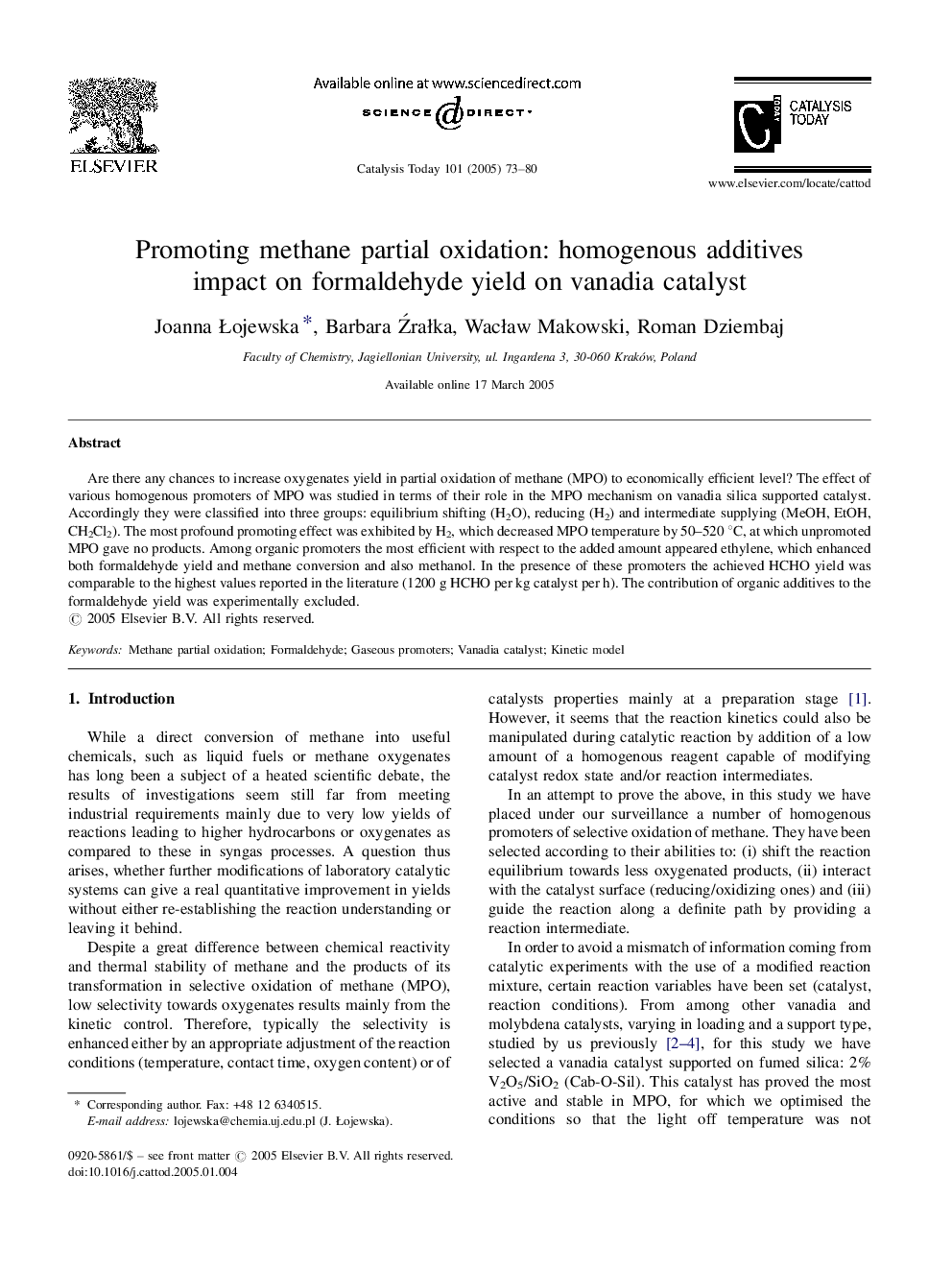 Promoting methane partial oxidation: homogenous additives impact on formaldehyde yield on vanadia catalyst