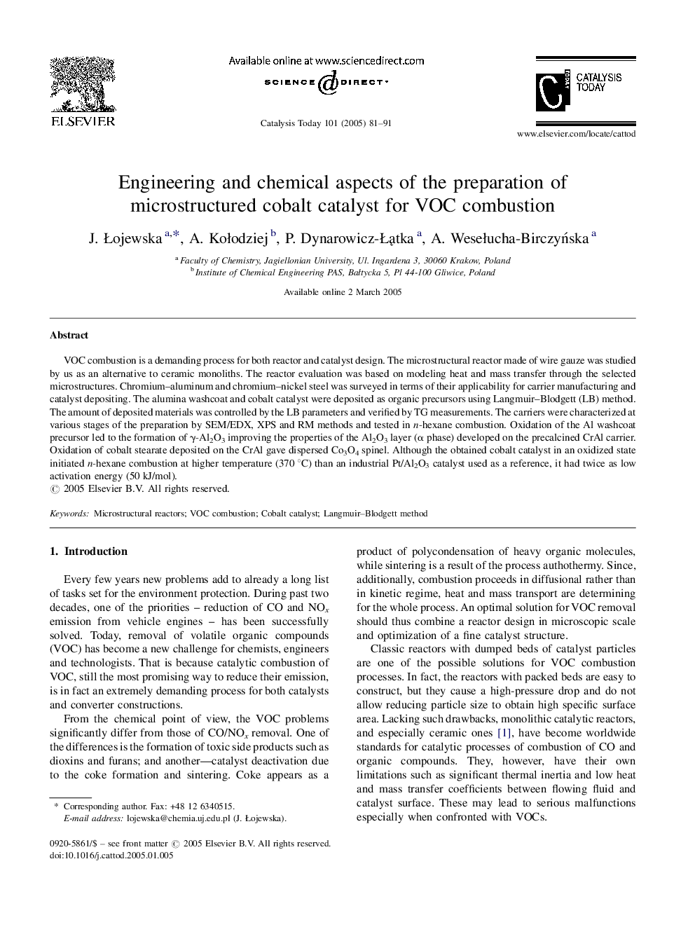 Engineering and chemical aspects of the preparation of microstructured cobalt catalyst for VOC combustion