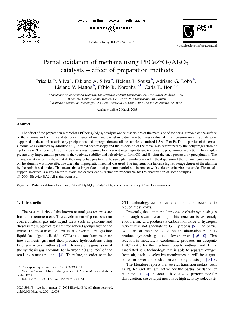 Partial oxidation of methane using Pt/CeZrO2/Al2O3 catalysts - effect of preparation methods