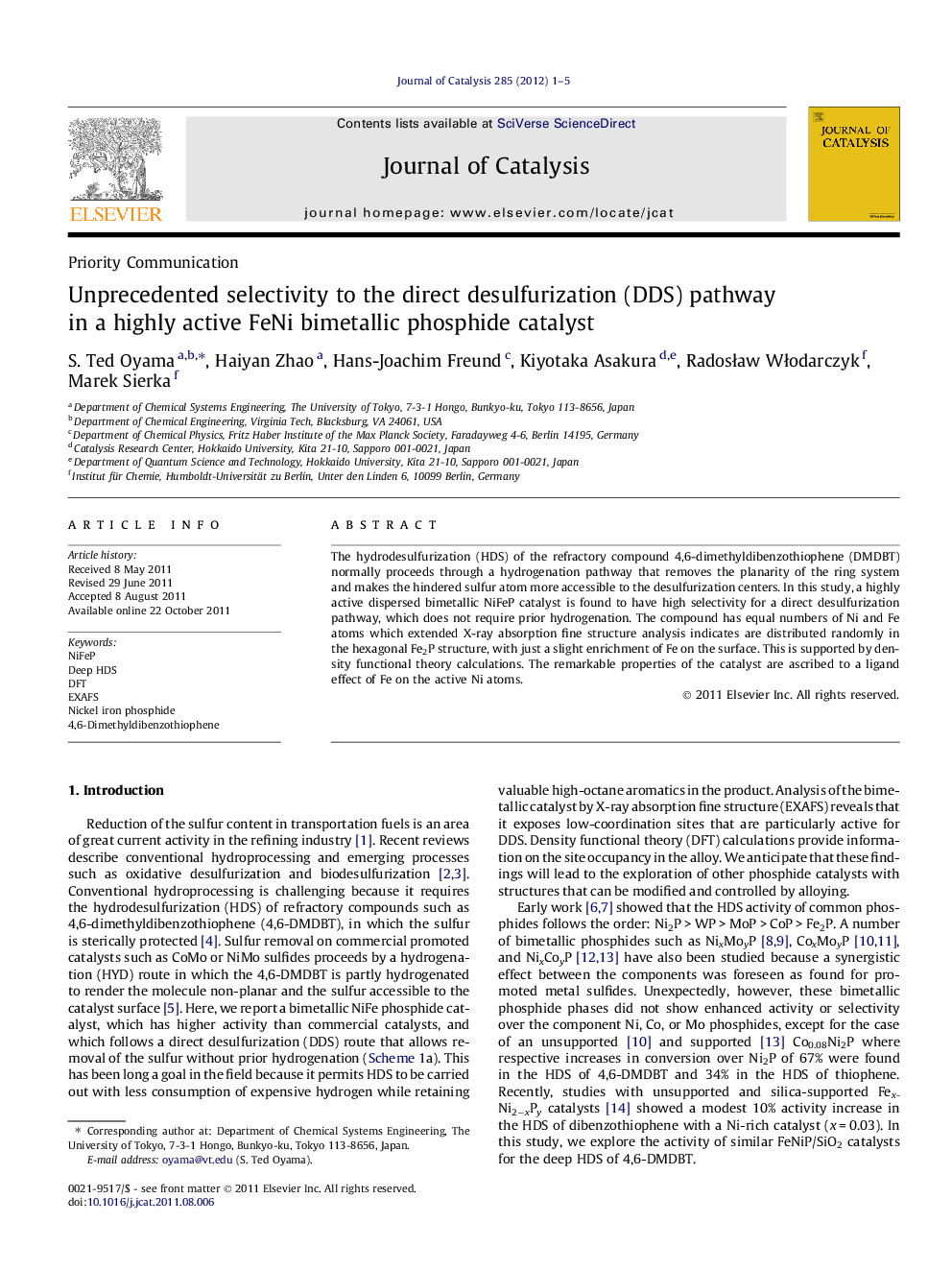 Unprecedented selectivity to the direct desulfurization (DDS) pathway in a highly active FeNi bimetallic phosphide catalyst