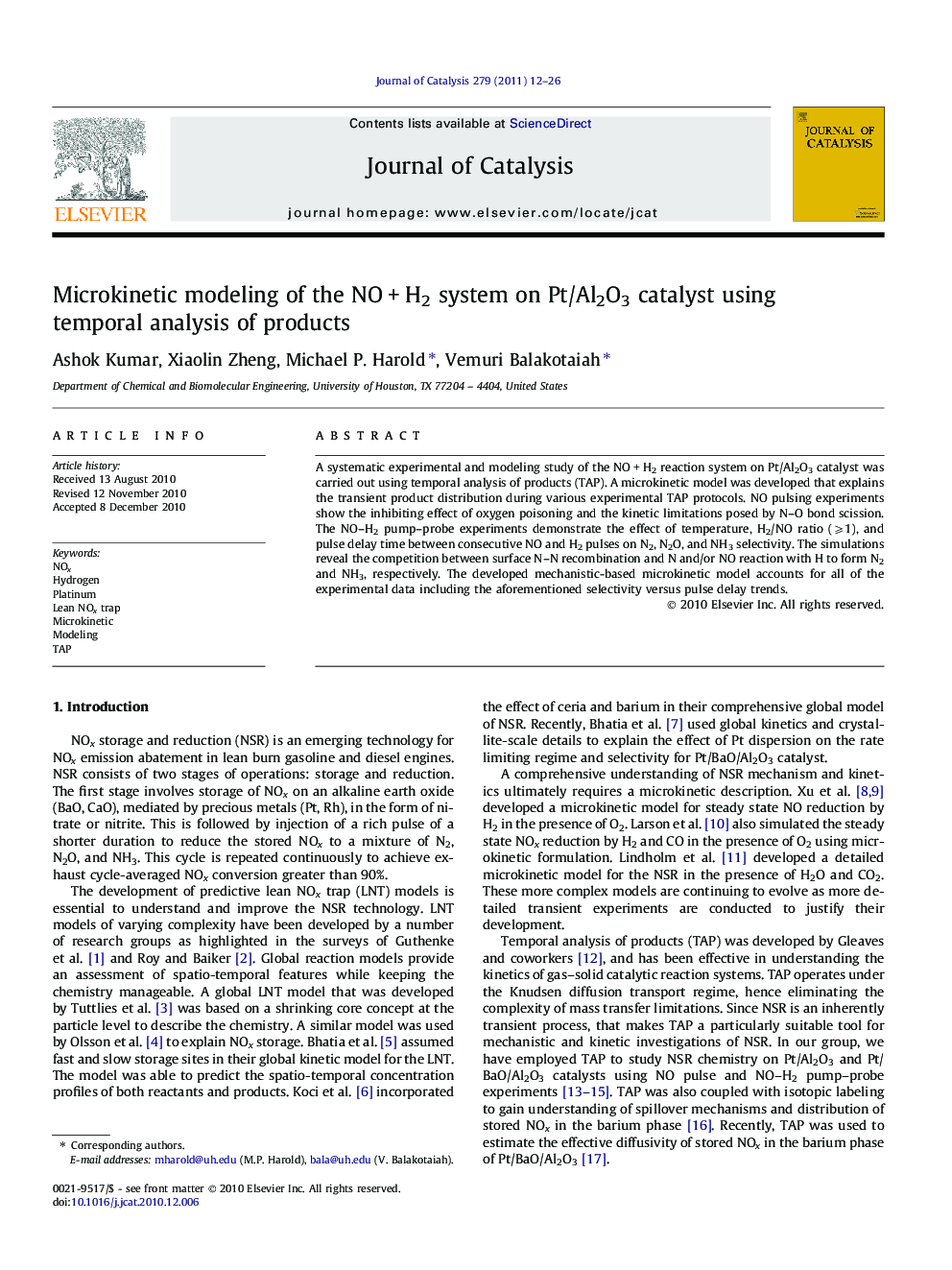 Microkinetic modeling of the NOÂ +Â H2 system on Pt/Al2O3 catalyst using temporal analysis of products