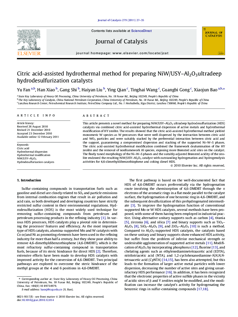 Citric acid-assisted hydrothermal method for preparing NiW/USY-Al2O3 ultradeep hydrodesulfurization catalysts