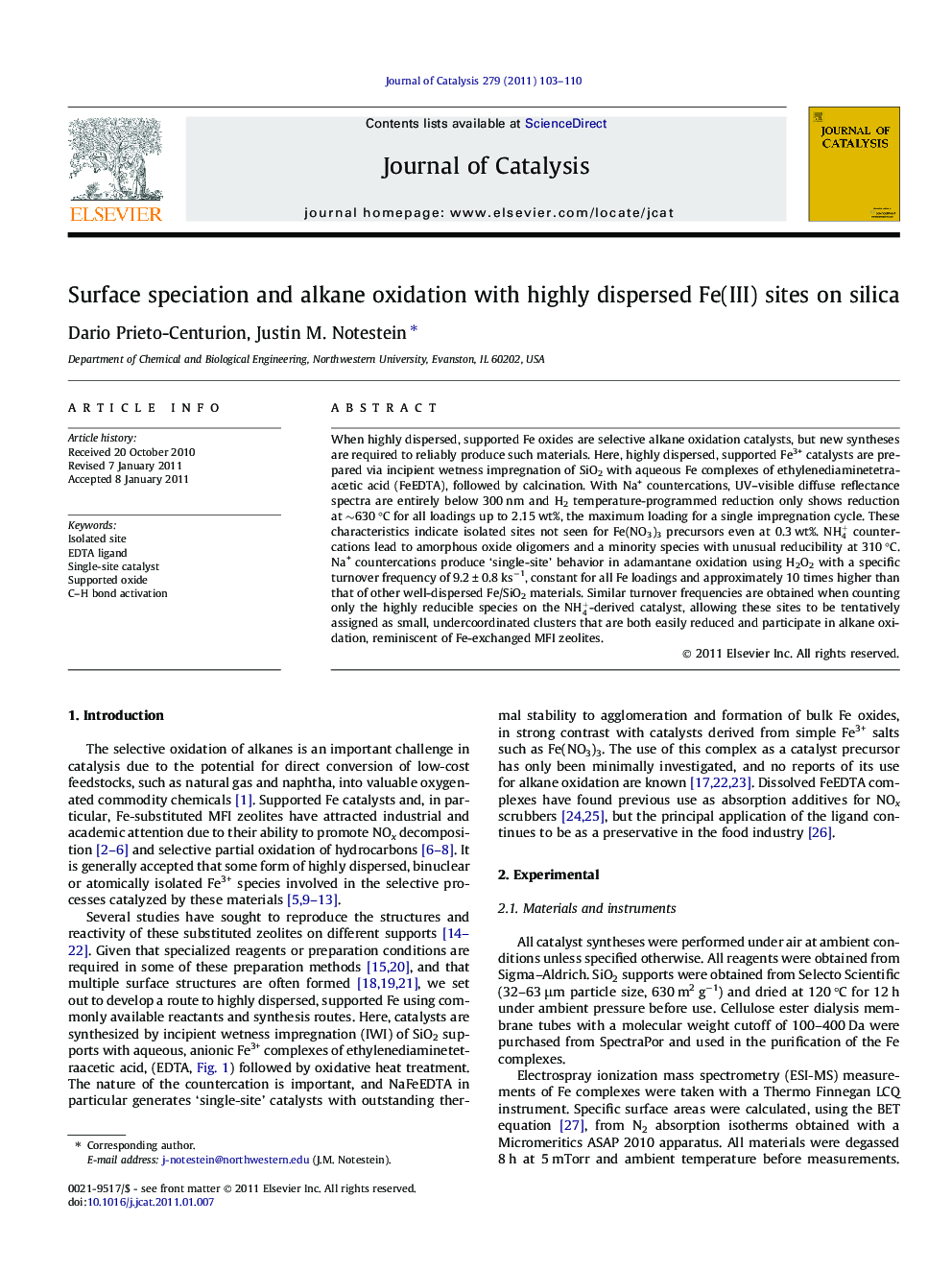 Surface speciation and alkane oxidation with highly dispersed Fe(III) sites on silica