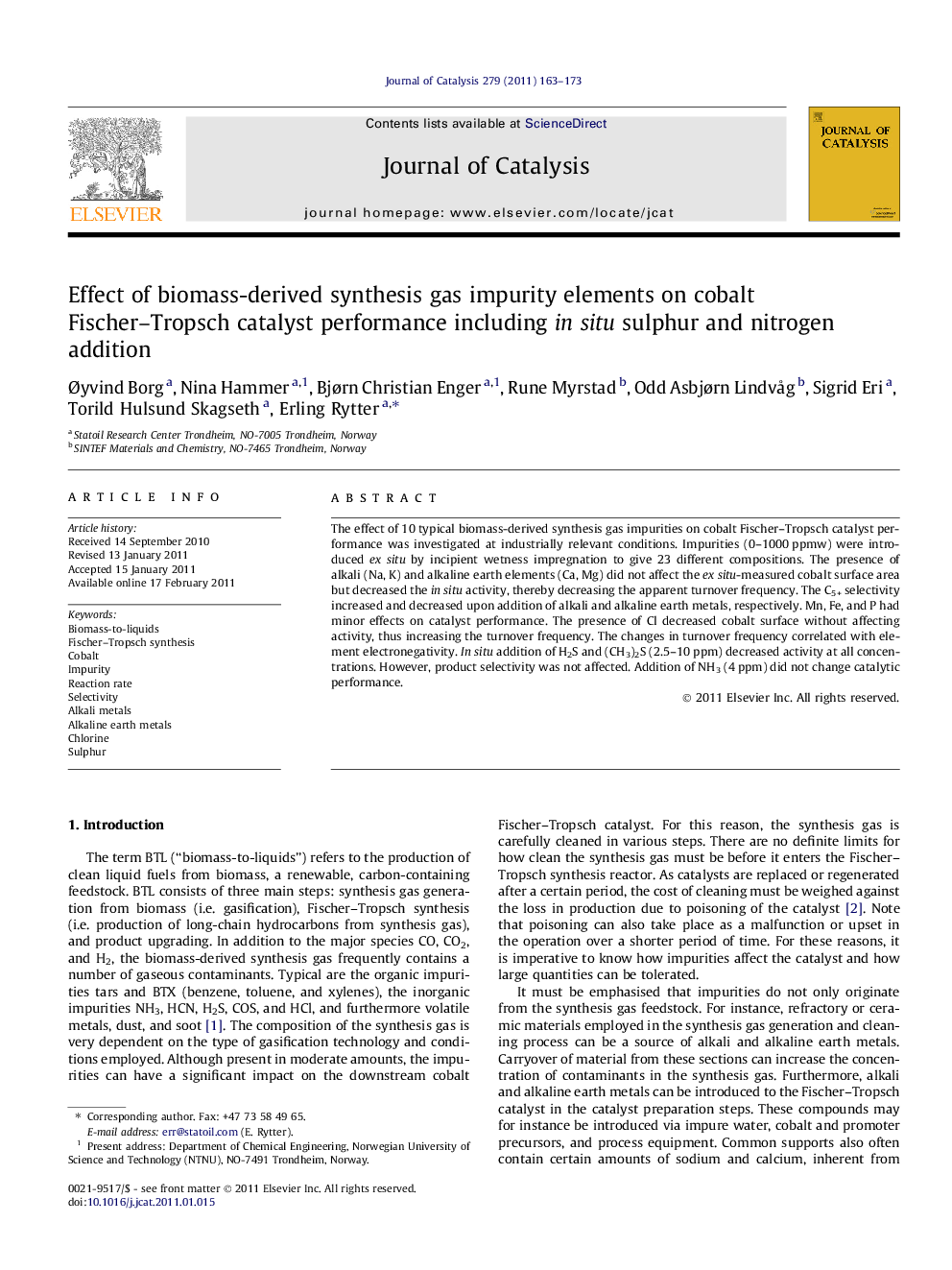 Effect of biomass-derived synthesis gas impurity elements on cobalt Fischer-Tropsch catalyst performance including in situ sulphur and nitrogen addition