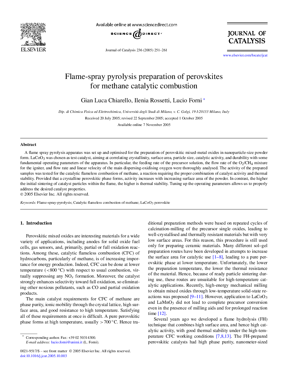 Flame-spray pyrolysis preparation of perovskites for methane catalytic combustion