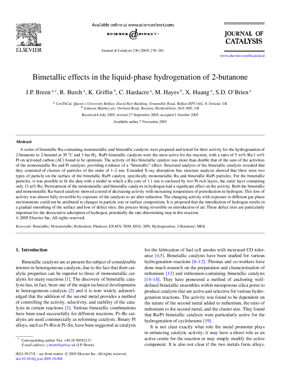 Bimetallic effects in the liquid-phase hydrogenation of 2-butanone