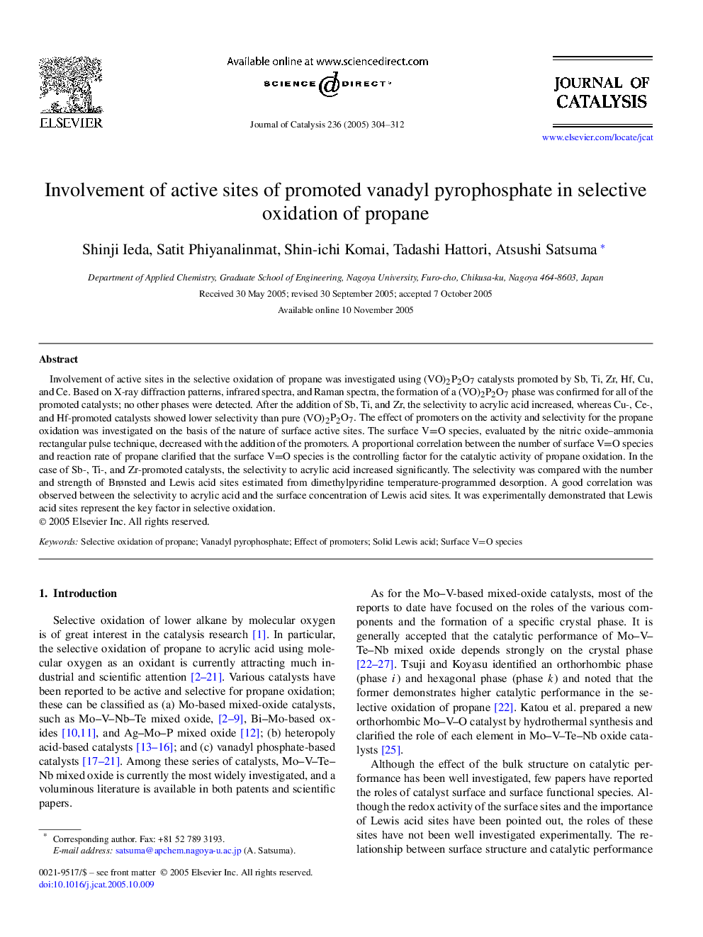 Involvement of active sites of promoted vanadyl pyrophosphate in selective oxidation of propane