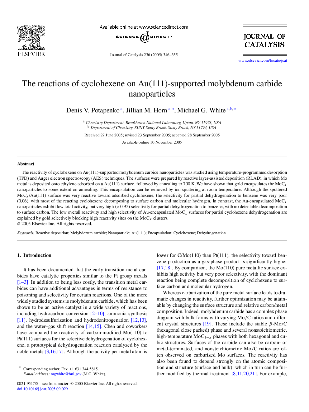 The reactions of cyclohexene on Au(111)-supported molybdenum carbide nanoparticles