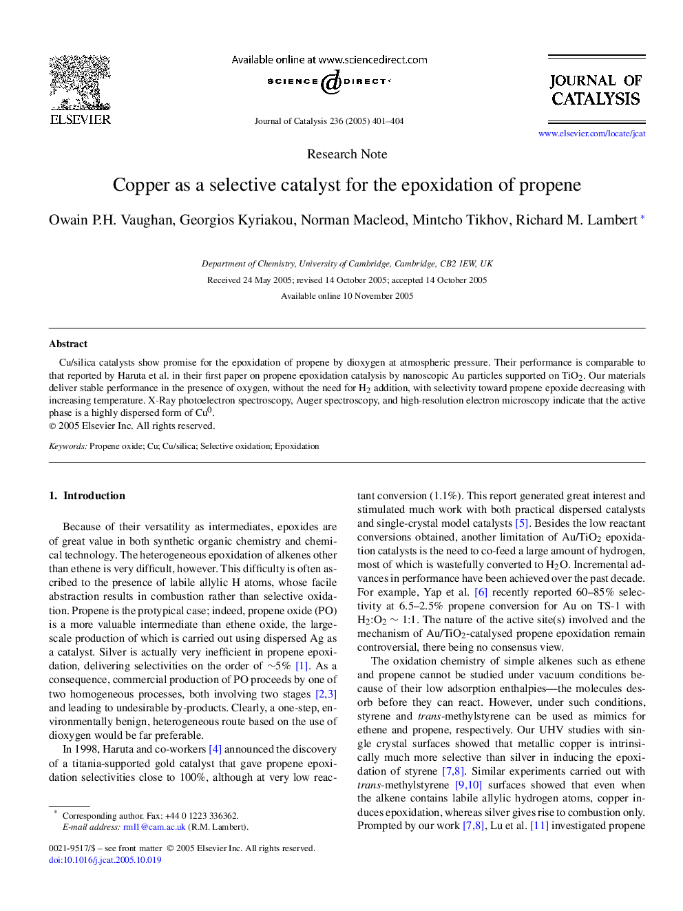 Copper as a selective catalyst for the epoxidation of propene