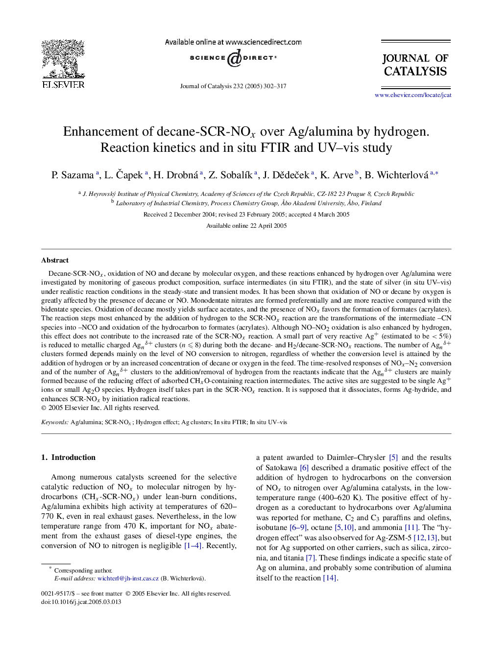 Enhancement of decane-SCR-NOx over Ag/alumina by hydrogen. Reaction kinetics and in situ FTIR and UV-vis study