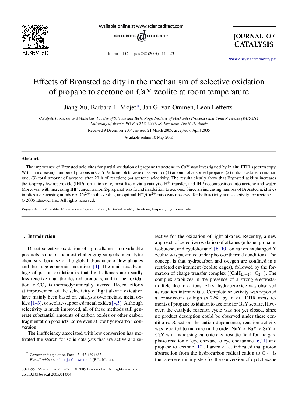 Effects of BrÃ¸nsted acidity in the mechanism of selective oxidation of propane to acetone on CaY zeolite at room temperature