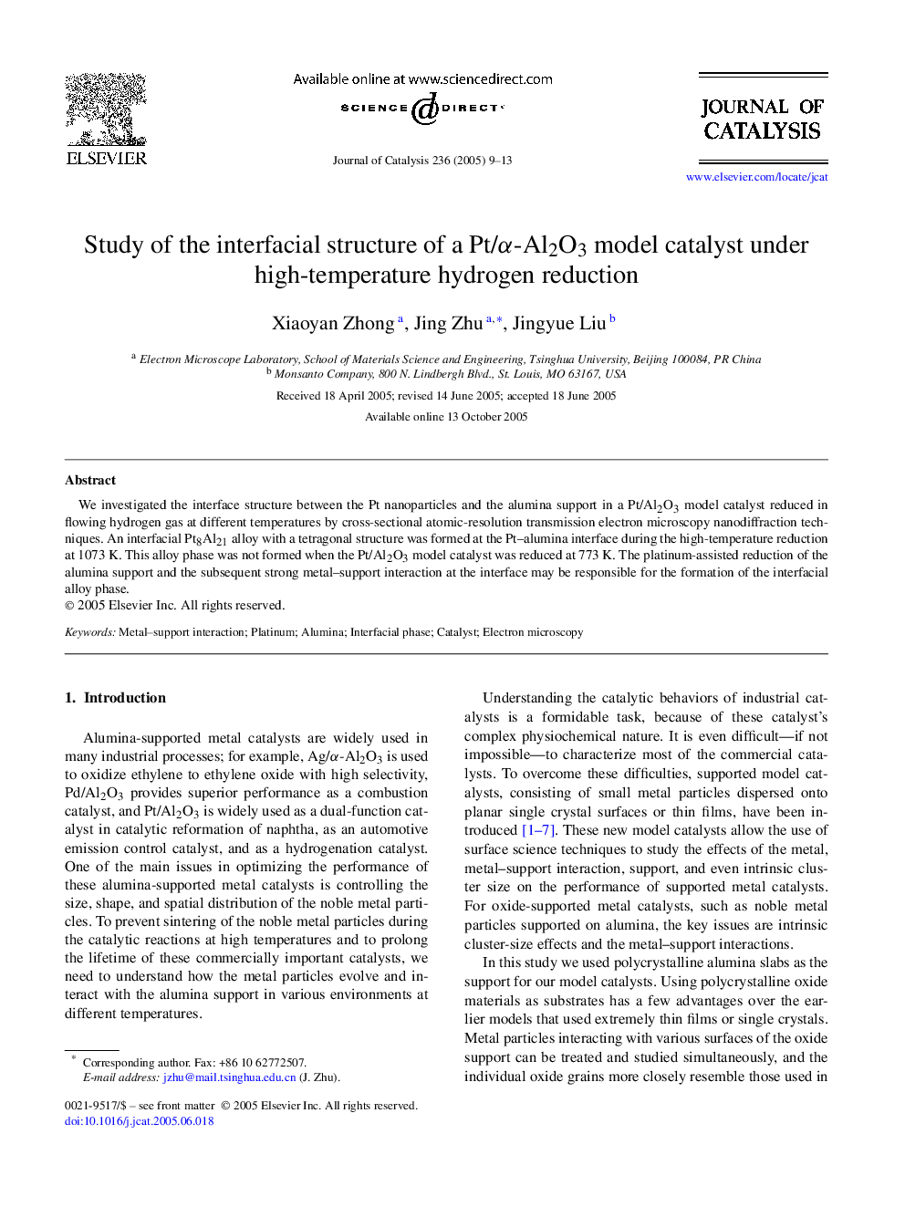 Study of the interfacial structure of a Pt/Î±-Al2O3 model catalyst under high-temperature hydrogen reduction