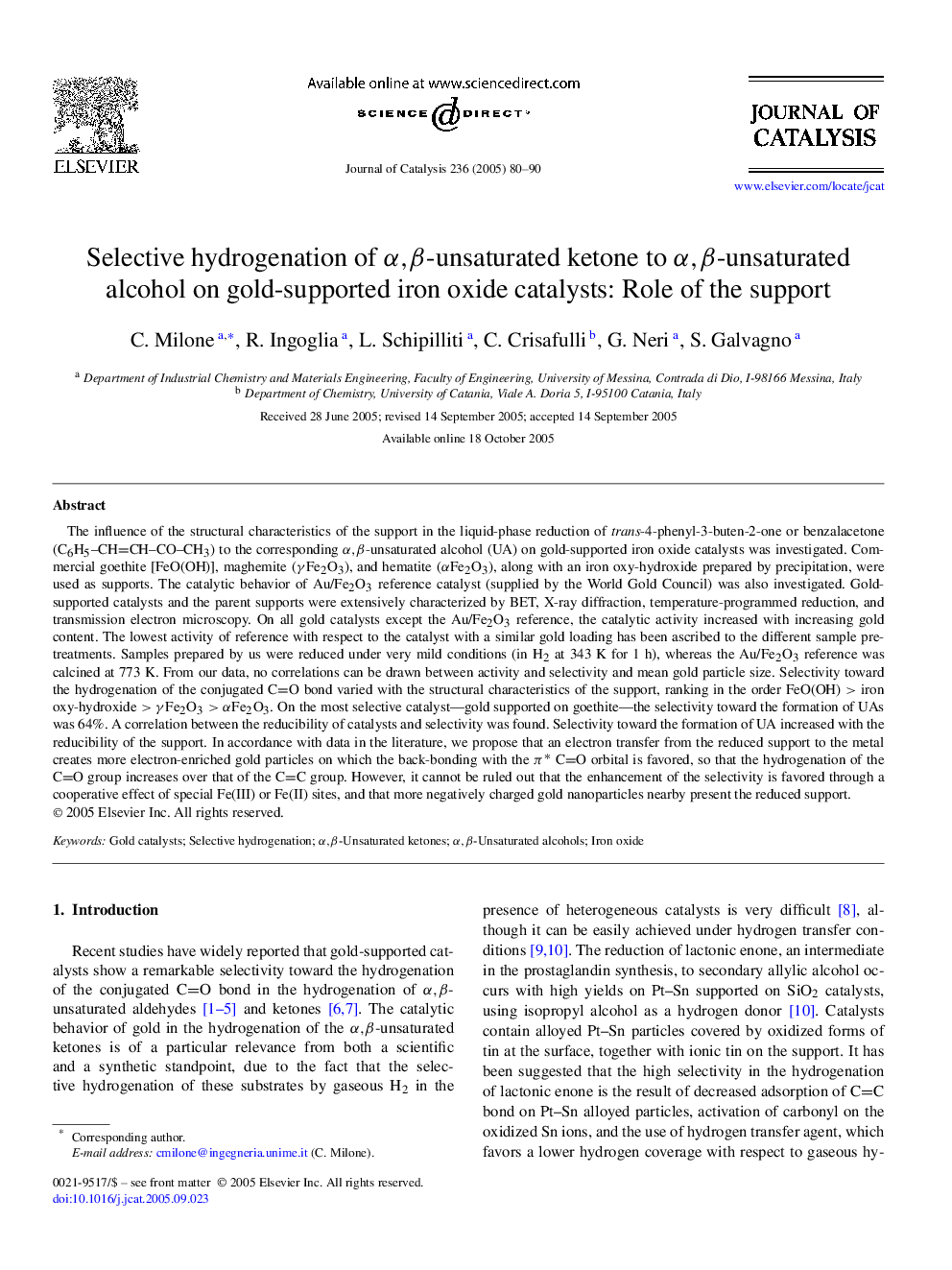 Selective hydrogenation of Î±,Î²-unsaturated ketone to Î±,Î²-unsaturated alcohol on gold-supported iron oxide catalysts: Role of the support