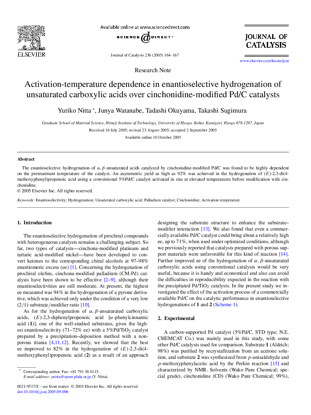 Activation-temperature dependence in enantioselective hydrogenation of unsaturated carboxylic acids over cinchonidine-modified Pd/C catalysts