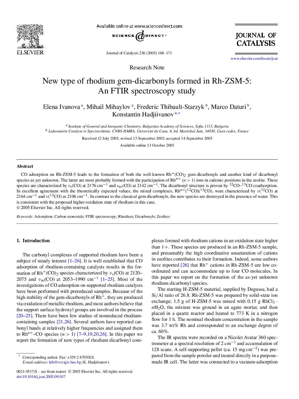 New type of rhodium gem-dicarbonyls formed in Rh-ZSM-5: An FTIR spectroscopy study