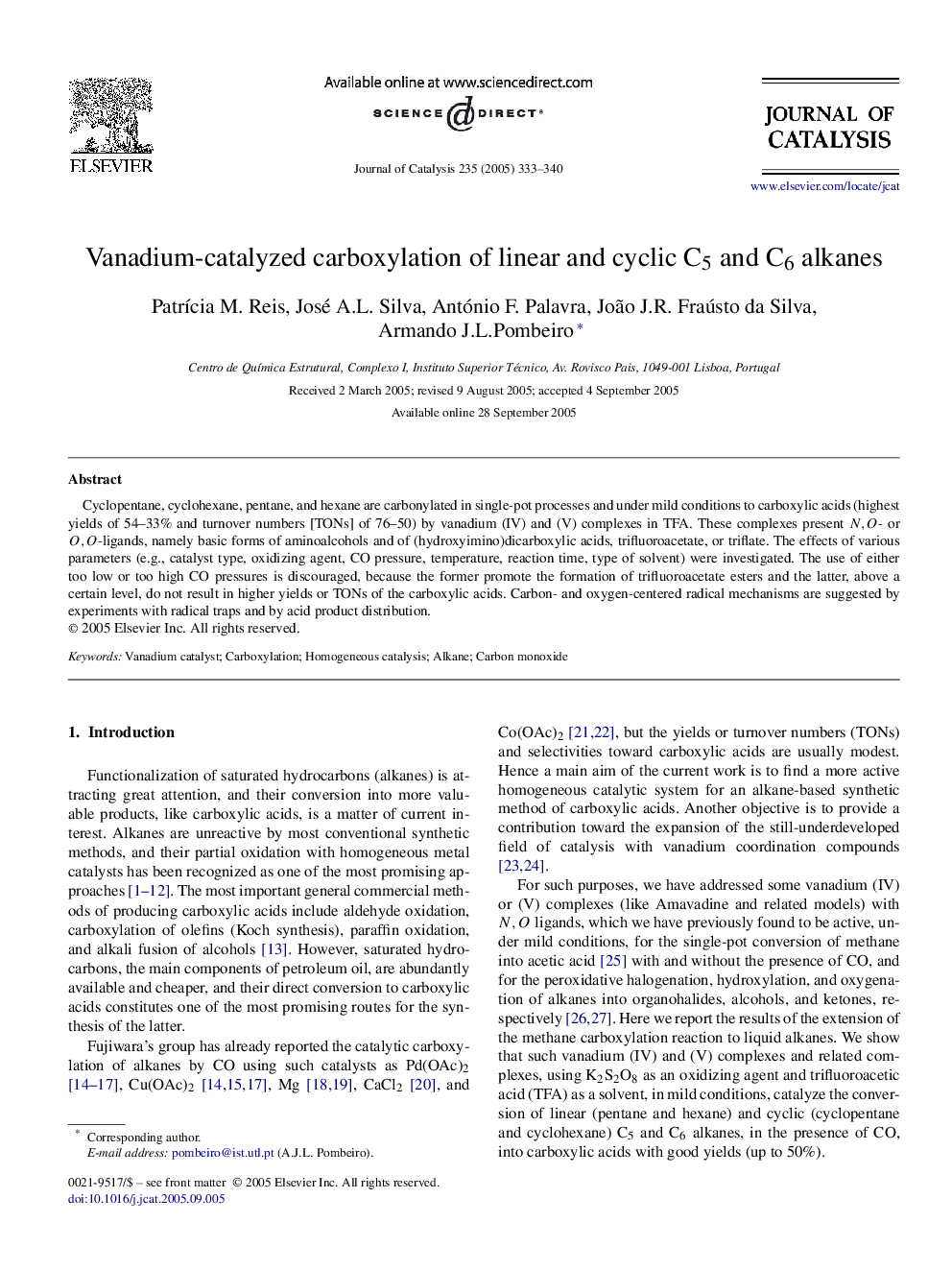 Vanadium-catalyzed carboxylation of linear and cyclic C5 and C6 alkanes