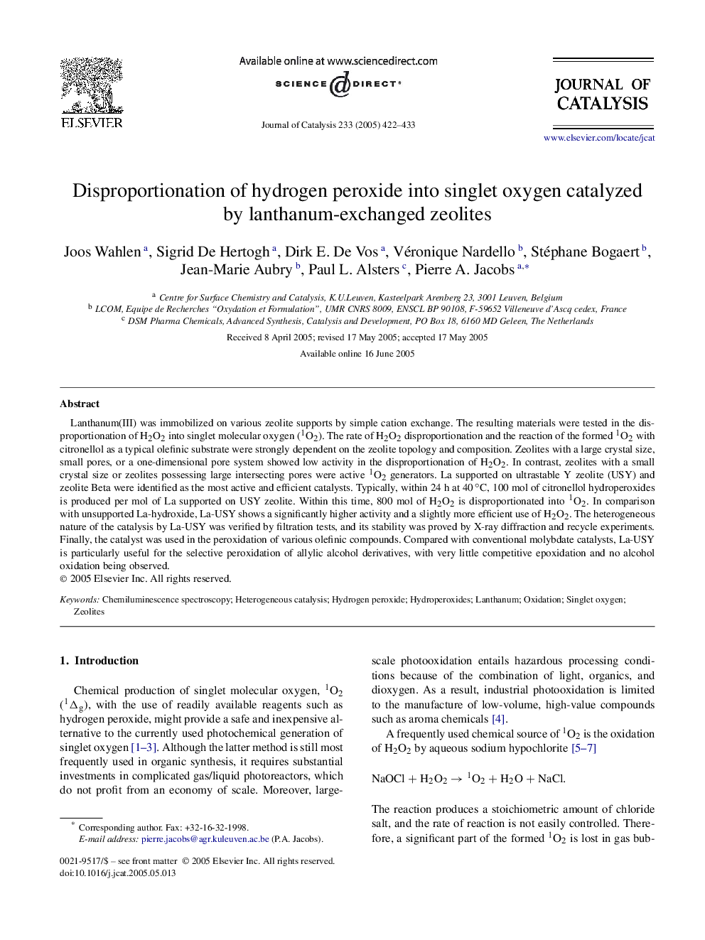 Disproportionation of hydrogen peroxide into singlet oxygen catalyzed by lanthanum-exchanged zeolites