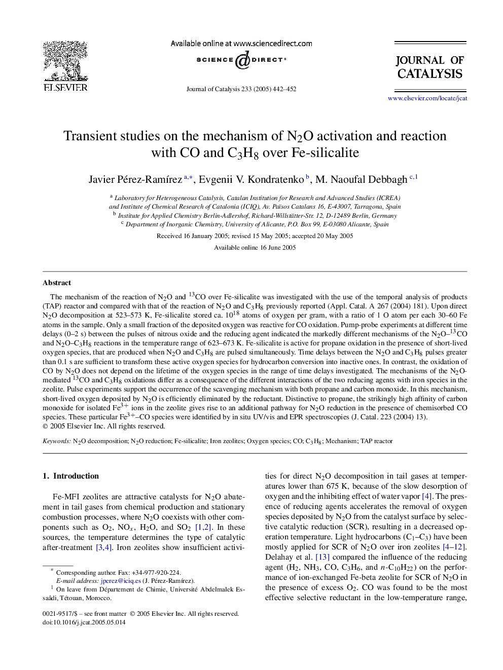 Transient studies on the mechanism of N2O activation and reaction with CO and C3H8 over Fe-silicalite