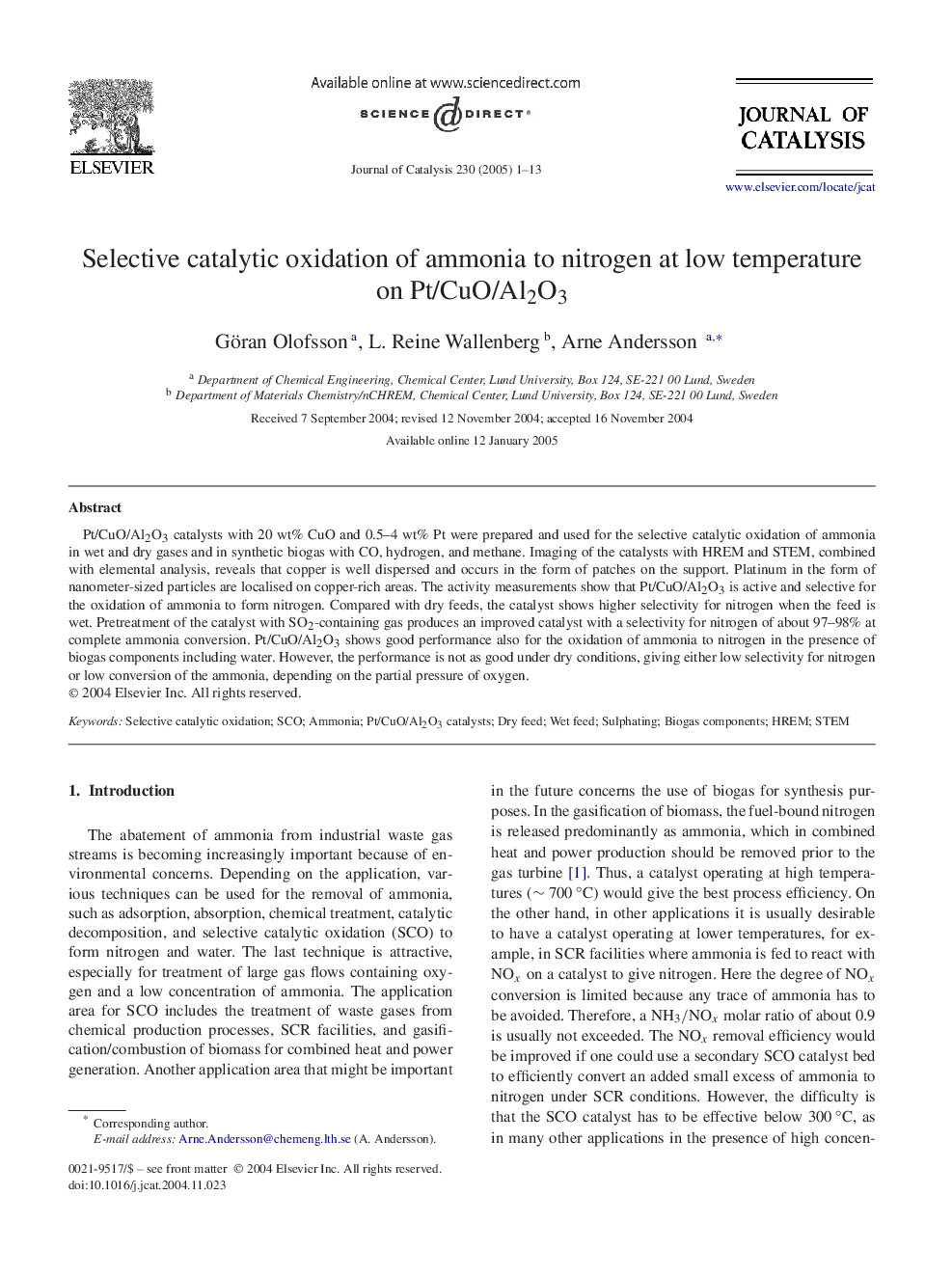 Selective catalytic oxidation of ammonia to nitrogen at low temperature on Pt/CuO/Al2O3