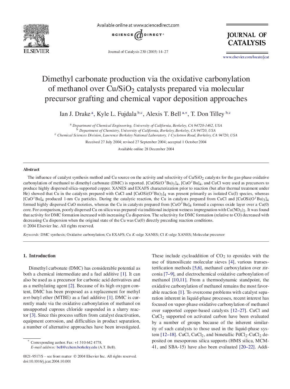 Dimethyl carbonate production via the oxidative carbonylation of methanol over Cu/SiO2 catalysts prepared via molecular precursor grafting and chemical vapor deposition approaches