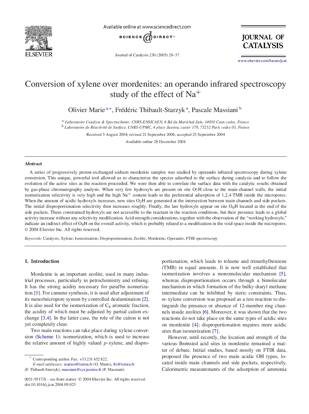 Conversion of xylene over mordenites: an operando infrared spectroscopy study of the effect of Na+