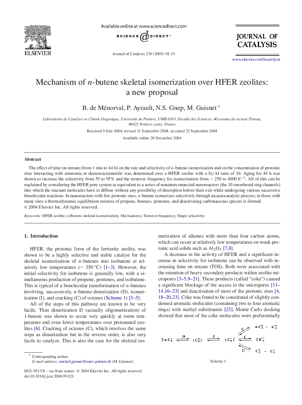 Mechanism of n-butene skeletal isomerization over HFER zeolites: a new proposal