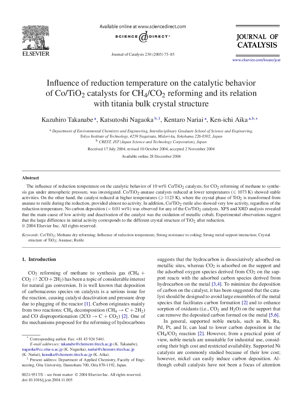 Influence of reduction temperature on the catalytic behavior of Co/TiO2 catalysts for CH4/CO2 reforming and its relation with titania bulk crystal structure