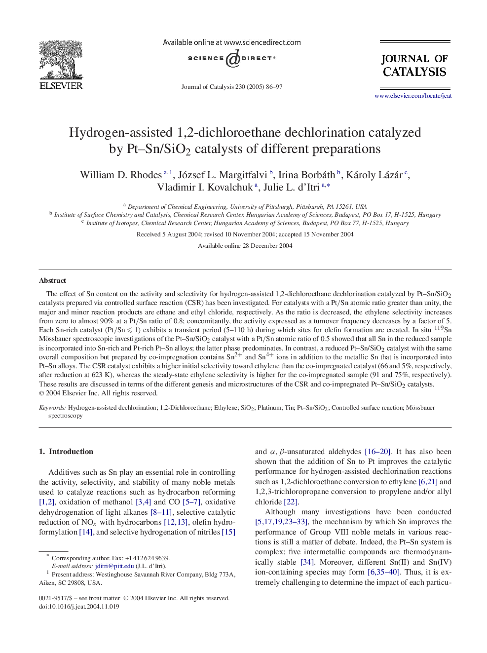 Hydrogen-assisted 1,2-dichloroethane dechlorination catalyzed by Pt-Sn/SiO2 catalysts of different preparations