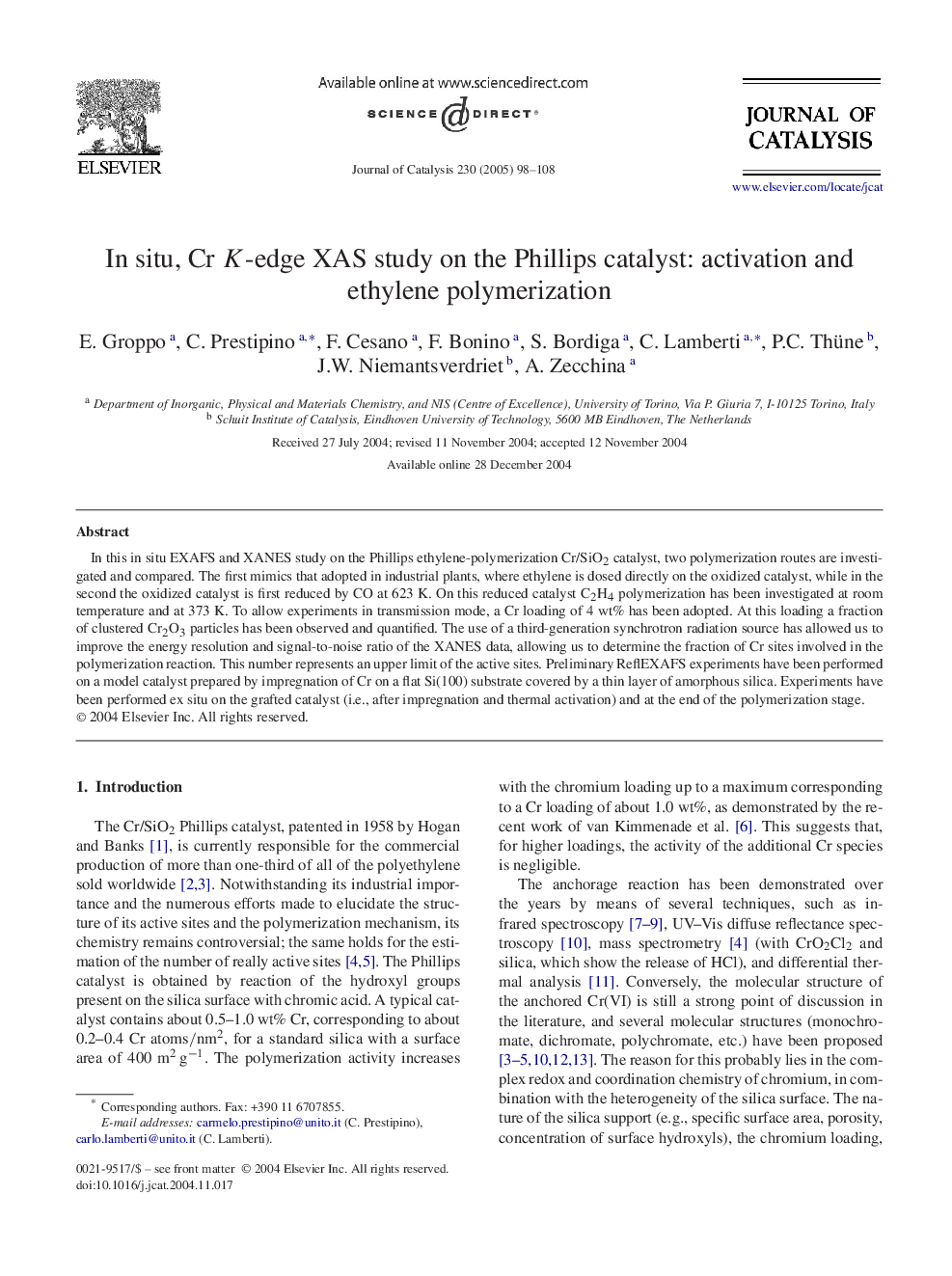 In situ, Cr K-edge XAS study on the Phillips catalyst: activation and ethylene polymerization